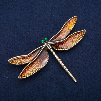 Брошка Стрекоза оранжева емал, сребрист метал 47×76 мм