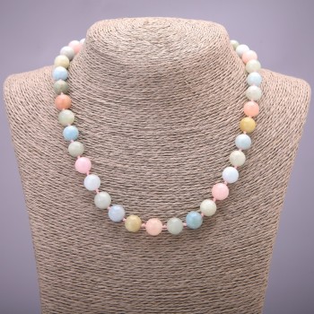 Огърлица от естествен камък морганит, гладка мъниста, диаметър около 10 мм, дължина 45 см