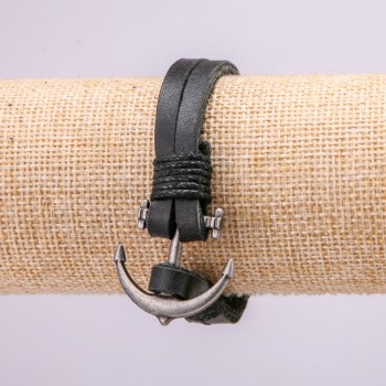 Браслет с якорем, метални вложки, дължина 21 см, дебелина 10 мм, еко кожа, цвят черен