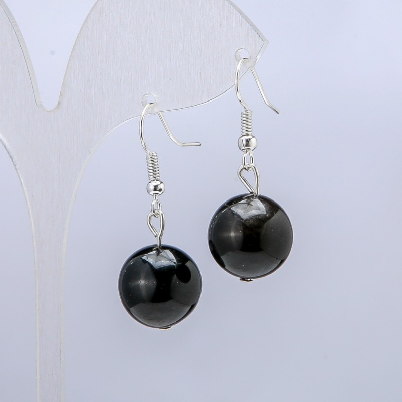 Обеци от сребрист обсидиан, диаметър около 14 мм, дължина около 30 мм