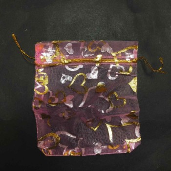 Подаръчна торбичка от органза, розова с златисти сърца и връзки 120×100 мм + - 100 бр +