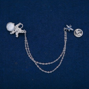 Брошка Космонавт с кабошон котешко око и бели кристали, сребрист метал 27х20мм + -, дължина 12см +