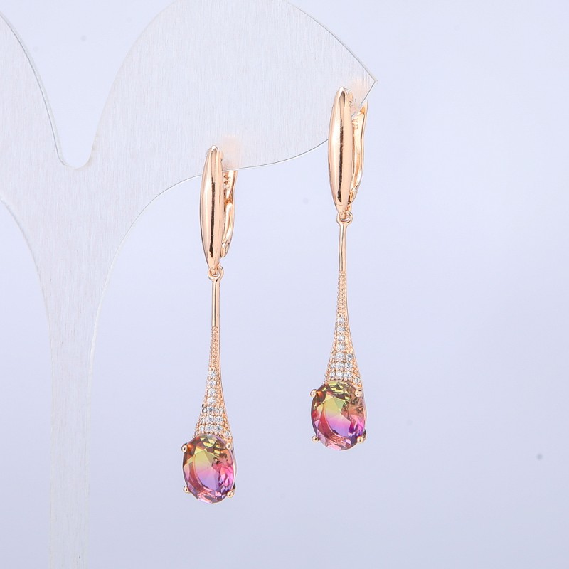 Обеци Xuping позлата 18К със салатово-малинови кристали Swarovski и бели кристали, дължина 46 мм +