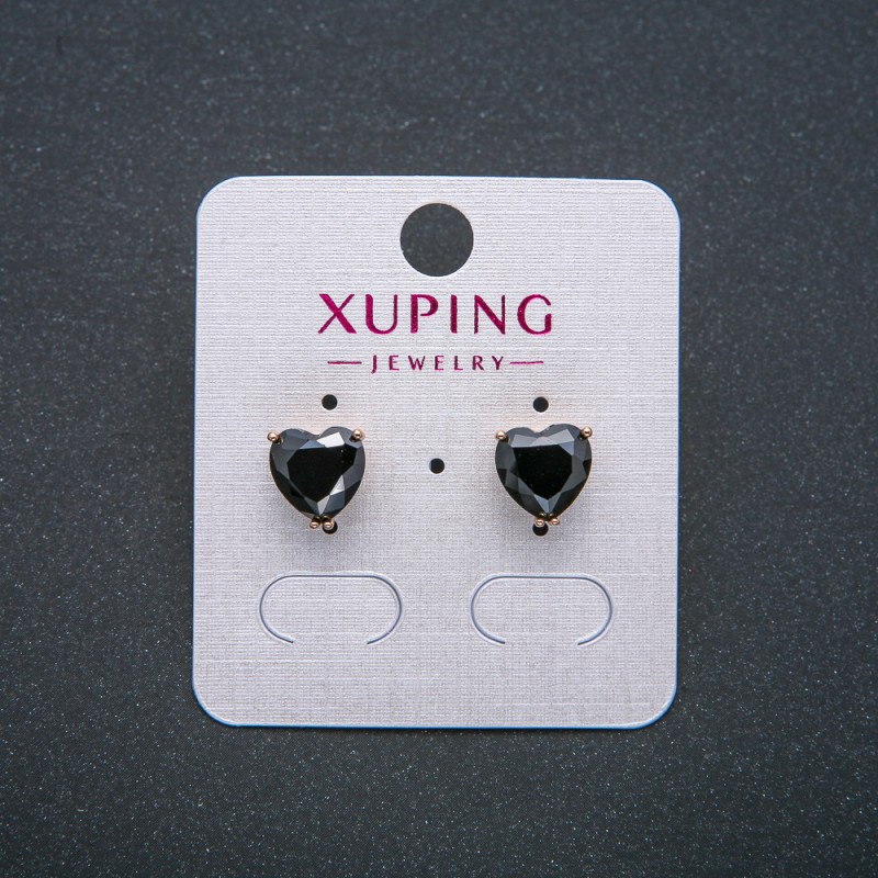 Очеци със сърце Xuping – обици пусети, позлатени 18K, с черен кристал, диаметър 9 мм +