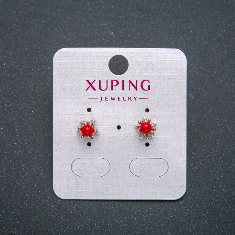 Обеци-пусети топчета Xuping позлатени 18K с червена мъниста и бели кристали, диаметър 8 мм +