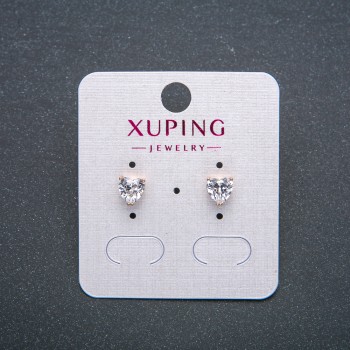 Обици-пусети със сърце Xuping позлата 18К с бял кристал, диаметър 6 мм
