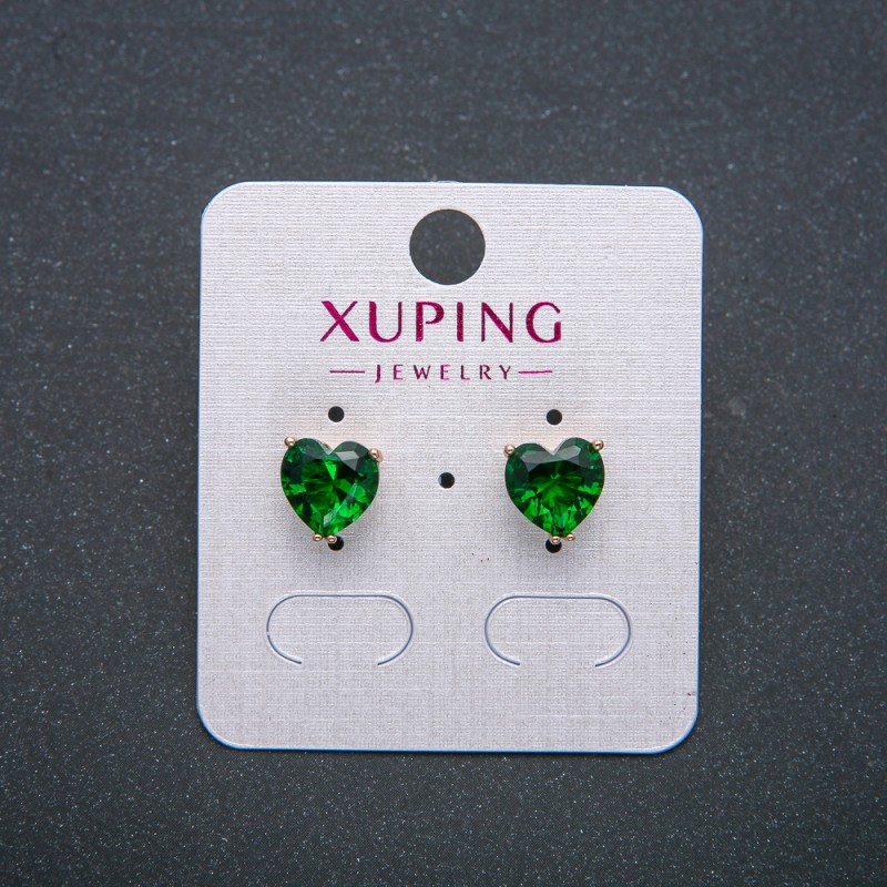 Обеци-пусети със сърце Xuping, позлатени 18K със зелен кристал, диаметър 8 мм +