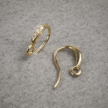 Швензи за обеци с бели кристали, жълт метал 14×2,5 мм, двойка