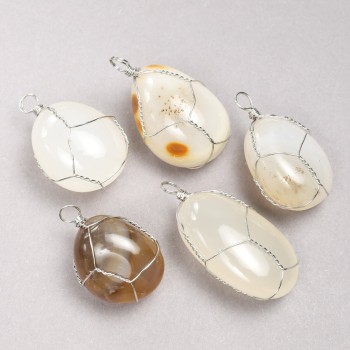 Кулон в сребърно обплитане от естествен камък димчаст агат, диаметър 35×20 мм+