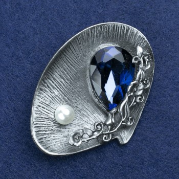 Брошка Ракушка със кристал и мъниста, със сребрист метал 60x45 мм +