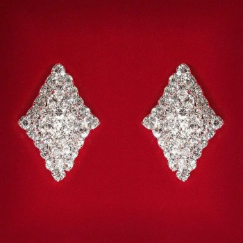 ( 25 мм ) Дамски обици пусети с бели кристали, светъл метал, сватбени и вечерни, ромбовидни, удължени