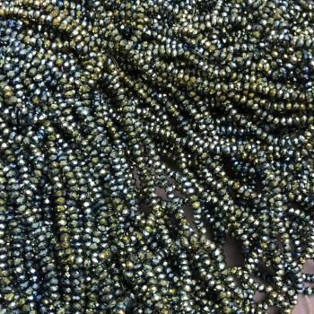 Мънисти чешки кристал на конец със сиво-зелено покритие с бензинов блясък, гранован рондел, диаметър 3х2,5 мм, дължина около 36 см + -