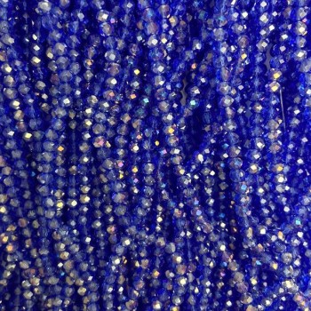 Мъниста чешки кристал на конец синьо прозрачен с бензиново покритие, гранована рондел, диаметър 3,5×3 мм, дължина 36 см +