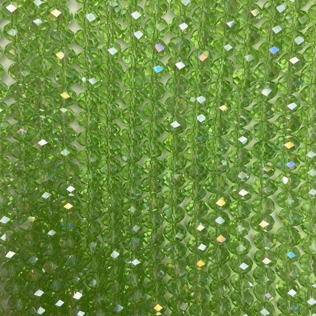 Намистини Чеський Кришталь на волосіні світло-зелене прозоре з напиленням бензин гранований рондель, діаметр 8х6, 5мм + -, довжина 40-4