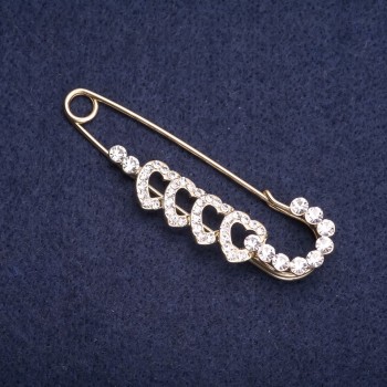 Брошка-игла «Сърца с бели кристали» 65x20 мм жълт метал