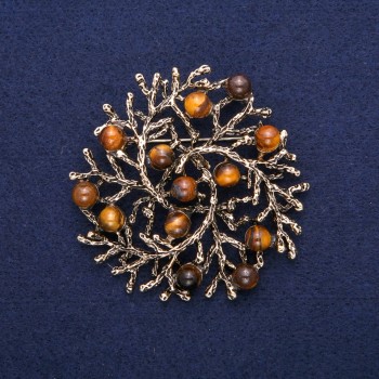 Брошка-висулка „Клончета“ с естествен камък тигрово око, златист метал 60 мм