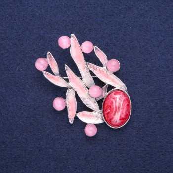 Брошка Листенца с котешко око, розова емал, сребрист метал 38×53 мм