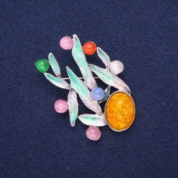 Брошка Листчета Бурштин и Котешко око (единична) зелена емал, сребрист метал 38×53 мм