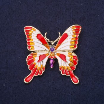 Брошка пеперуда с емал, цветове: червен, бял, оранжев, лилав, 36×37 мм, жълт метал