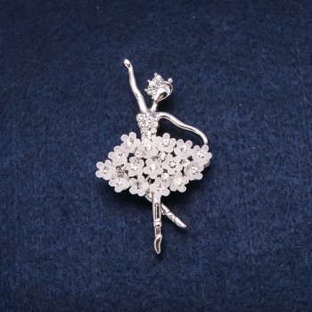 Брошка Балерина 34×55 мм със стрази, бял метал, сребрист