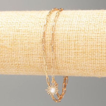 Гривна Xuping позлата 18K, дължина 18–21 см, дебелина около 2 мм, със слънце и бели камъни