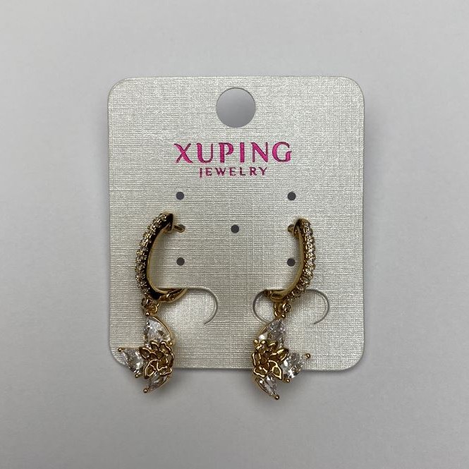 Сережки Xuping позлата 18K със бели кристали, диаметър 14×11 мм, дължина 2,5 см