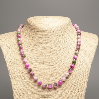 Огърлица «Цветове на лятото» със бели, зелени и малинови гладки топчета, диаметър 8 мм, дължина около 50 см, от бял нефрит (синтетично боядисан)