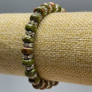 Гривна от яшма Хелиотроп гладък рондел, диаметър около 8×5 мм, дължина 18 см (еластична основа) с бели стрази