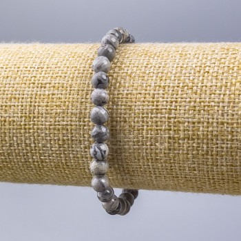 Гривна от сива океанска яшма (изкуствен акрил) с гладко полирани мънисти, диаметър 6 мм, дължина 18 см (еластична основа)