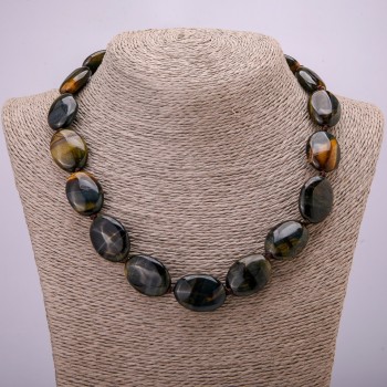 Колие от естествен камък Соколово око, овални мъниста 25×18 мм, дължина 45 см +