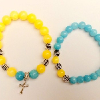 Гривна „Украйна“ двойна, аквамарин и цитрин (изкуствен акрил) с гладък мънистен дизайн и сребърни вложки на ластик, дължина 18 см+