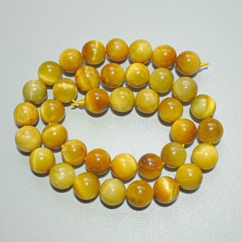 Жълти мънисти от котешко око, естествен камък, гладка топка, диаметър 10 мм, дължина около 38 см, на конец