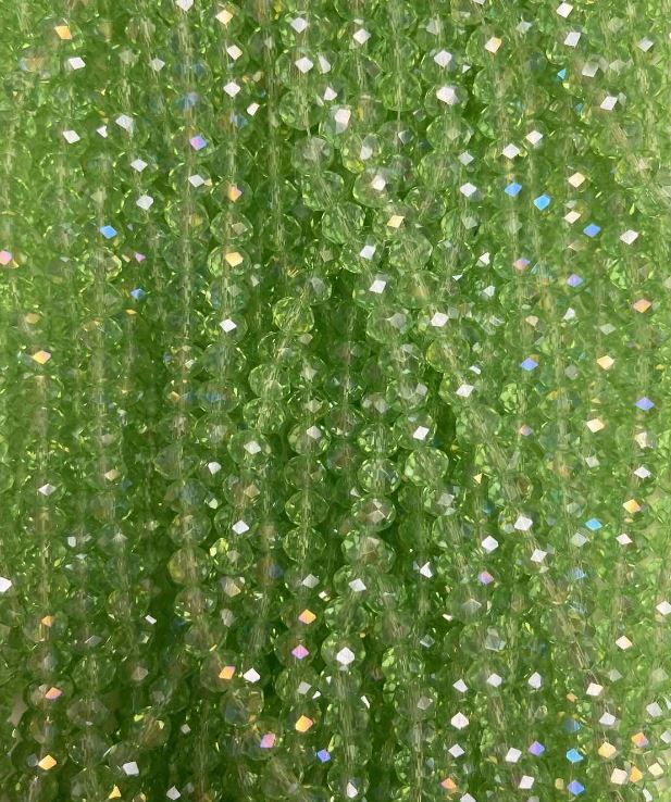 Салатени мънисти от чешки кристал, гранолен рондел с бензиново покритие, диаметър 6х5 мм ±, дължина 42 мм ± на конец