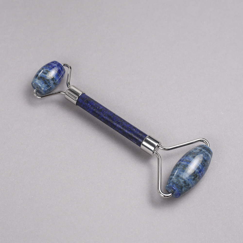 Ролков масажор от лазурит, двустранен, дължина 14,5 см, сребрист метален корпус