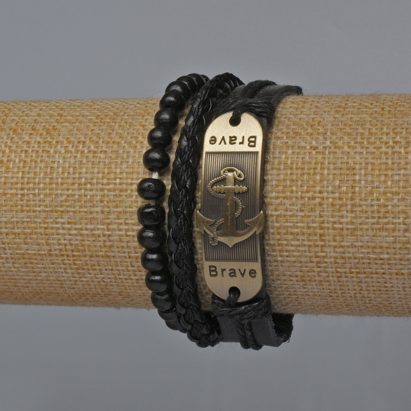 Мъжки гривни комплект от 3 броя екокожа, черен цвят (регулиращ шнур и ластик)