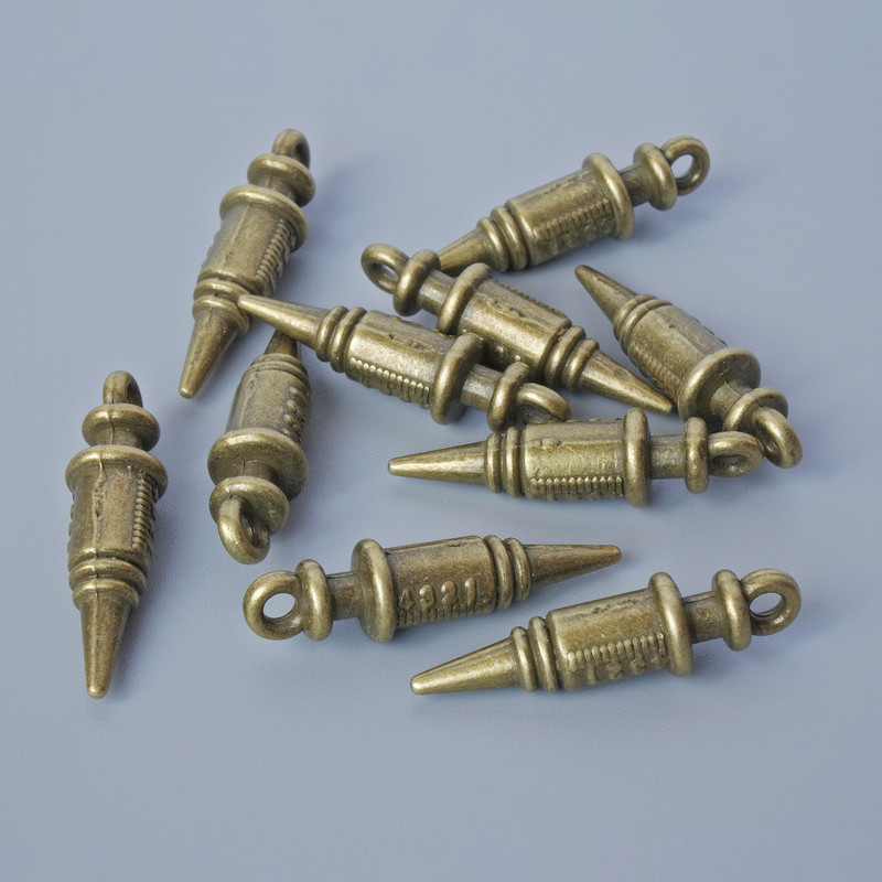 Фурнитура за висулка «шприц», диаметър 24,5×6,5 мм, диаметър на отвора 2 мм, фас. 10 бр ± бронзов цвят на метал