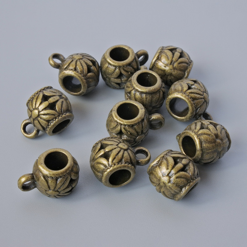 Фурнитура – държач за бейл, диаметър 9×9 мм, диаметър на отвора 2,1 мм, дължина 13 мм, фас. 11 бр ± бронзов цвят на метал