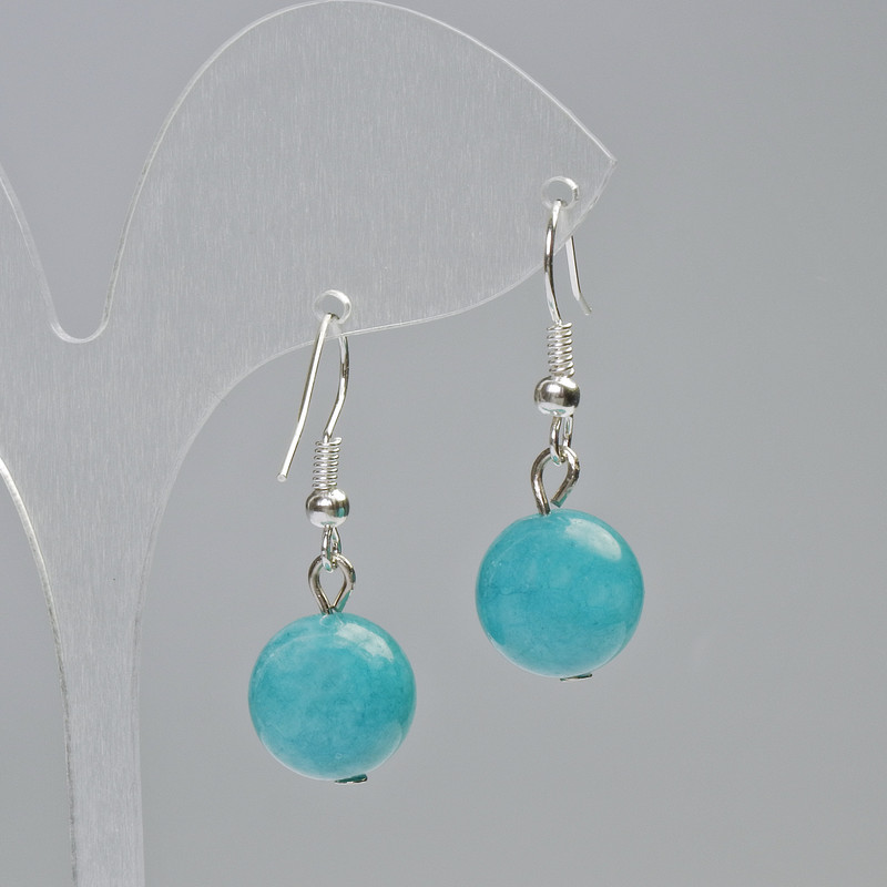 Обеци Аквамарин, естествен камък, гладка топка, диаметър 12 мм, дължина 33 мм