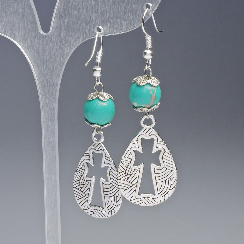 Обеци варисцит зелени (прес.) гладка топка, диаметър 10 мм, 19,5×31 мм, дължина 63 мм със метални вложки