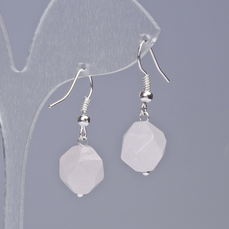 Обеци от розов кварц, естествен камък, многостранна огранка, диаметър 10,5×12 мм, дължина около 32 мм