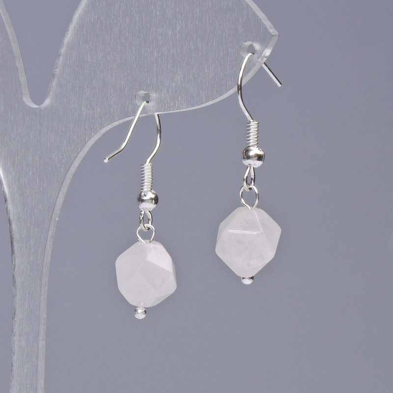 Обици от розов кварц, многостранна фасетна обработка, диаметър 9×10 мм, дължина 31 мм