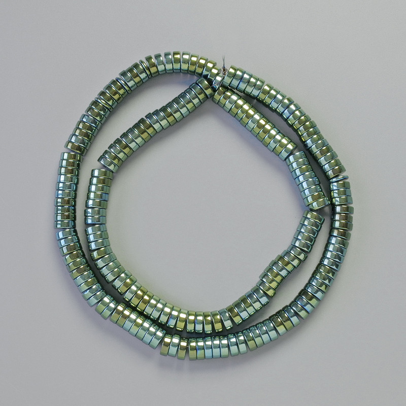 Хематитни мънисти рондели хамелеон-зелен цвят, диаметър 6×2 мм, дължина 42 см на конец