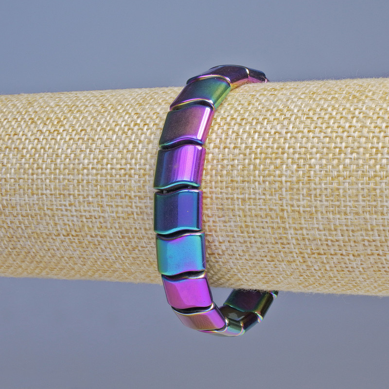 Браслет гематит в цвят бензинова вълна, диаметър 12×10 мм, дължина 18 см, еластична лента