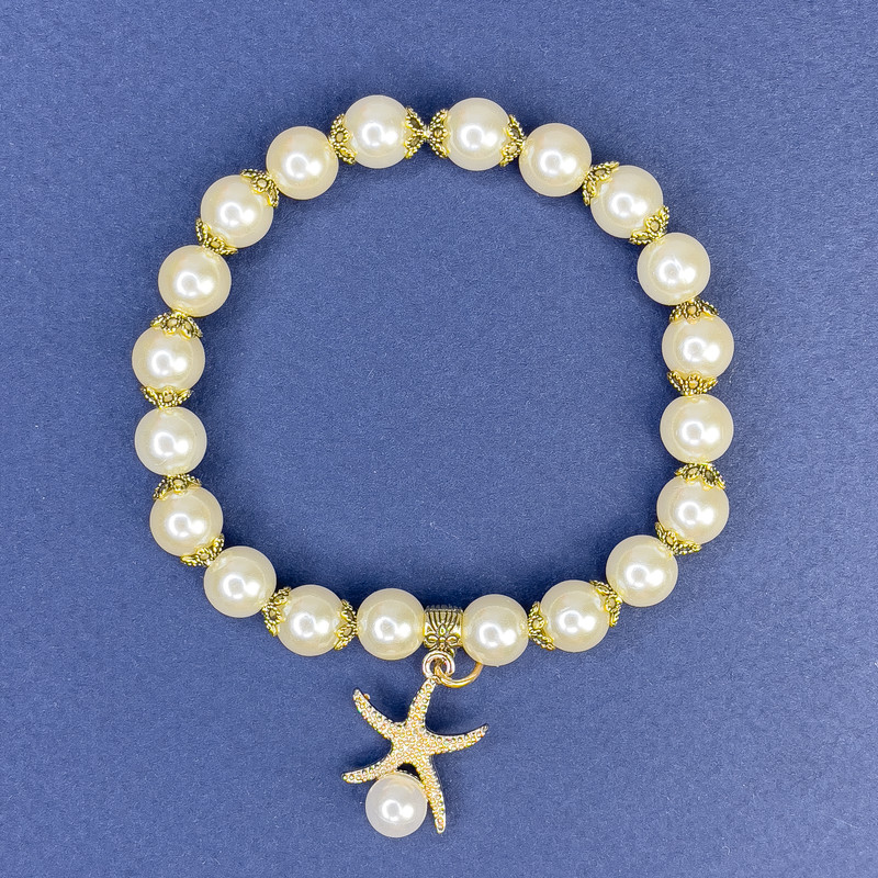 Гривна Бяла Майорка акрил, диаметър 8 мм, дължина 113 см, дължина 18 см, стрейч