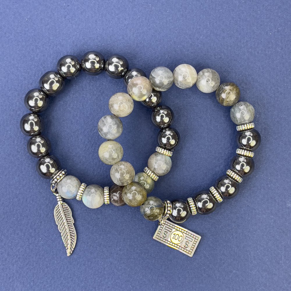 Комплект гривни от лабрадорит и хематит, с гладка мъниста 10 мм ±, с метални вложки, дължина 18 см ±, на еластична основа