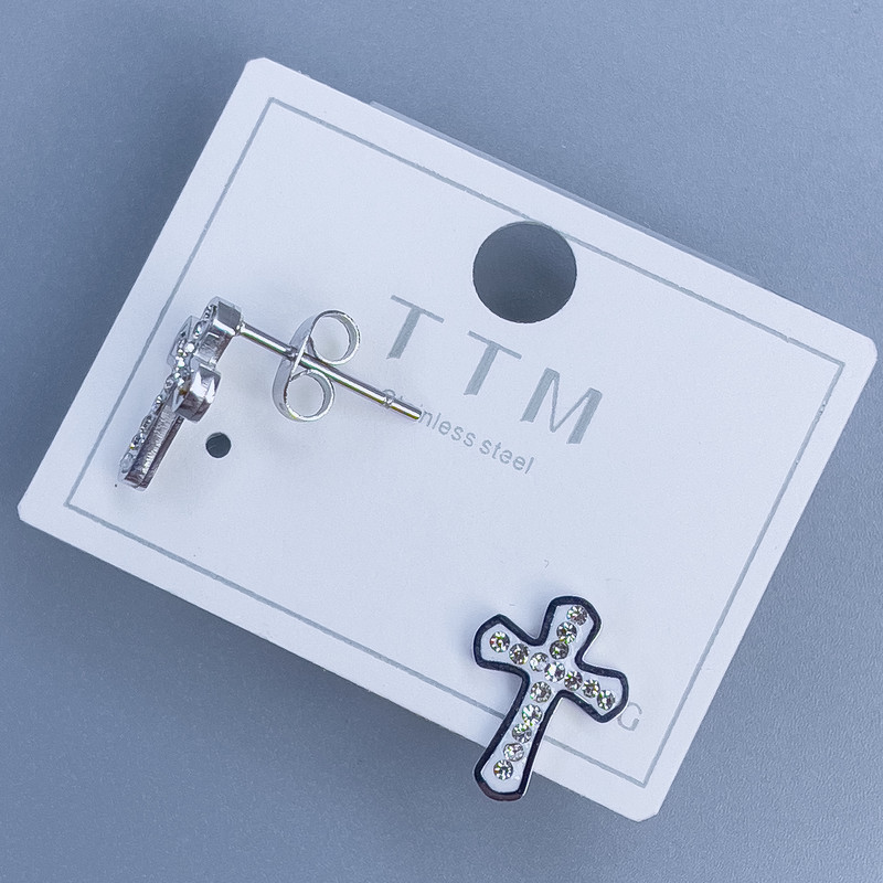 Обеци-пусети Xuping с форма на кръст с бели стрази 12×9 мм + родиево покритие
