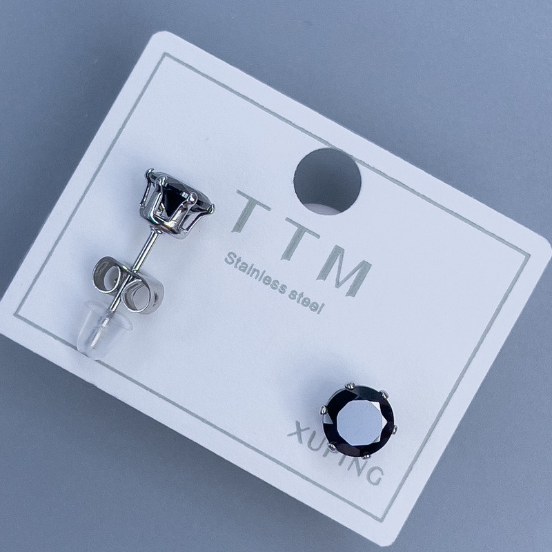 Обици-пусети Xuping с черен камък 6 мм ± родиево покритие