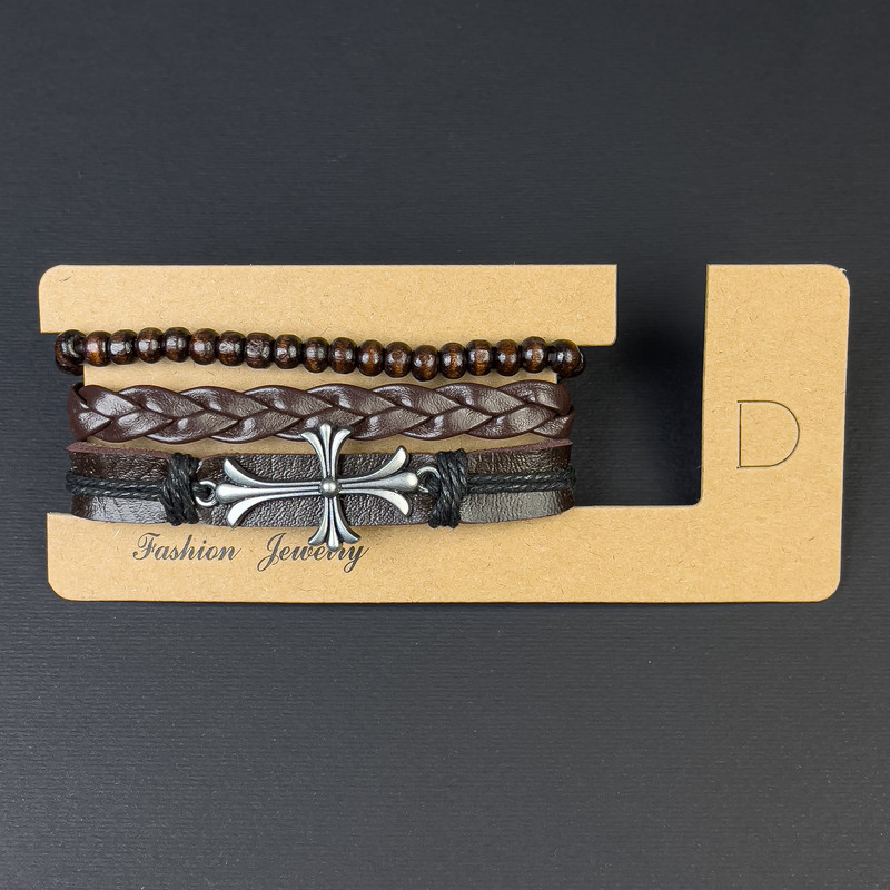 Троен браслет от еко кожа с вложка във формата на кръст с регулируемо затягане, дължина 18–24 см, кафяв