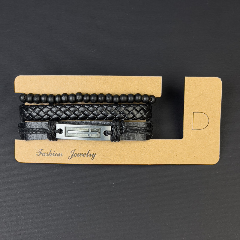 Троен браслет от екокожа с метална вложка във формата на кръст, с регулируемо затягане, дължина 18–24 см, черен