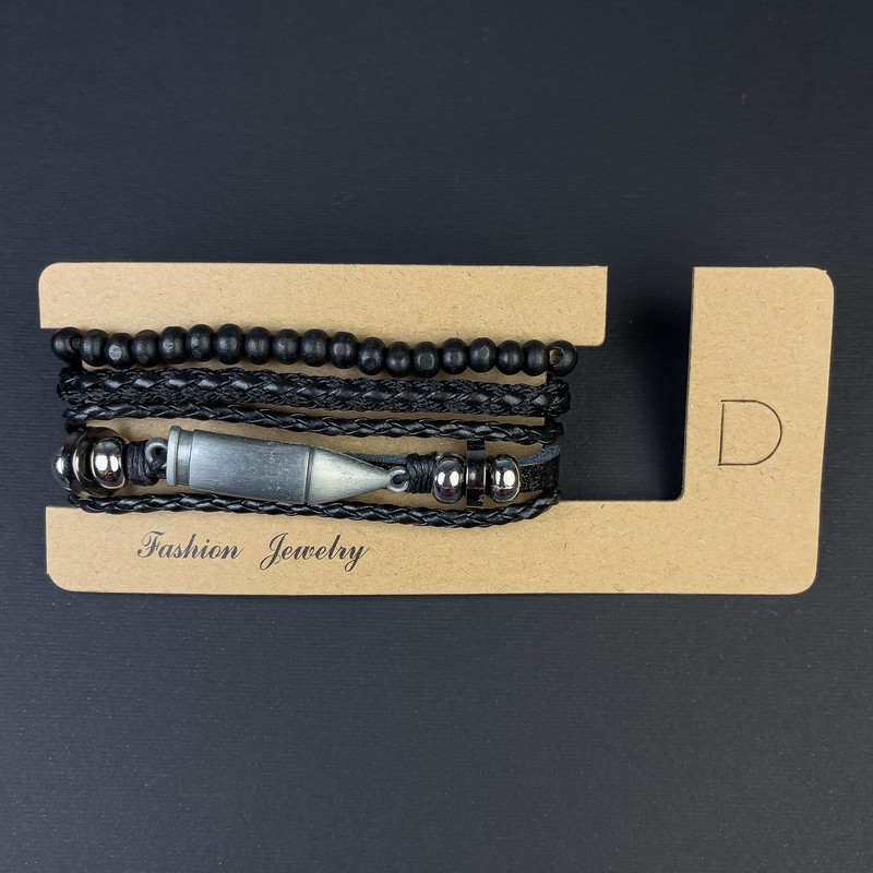 Гривна тройна от еко кожа с топка на затягане, дължина 18-24 см, черна